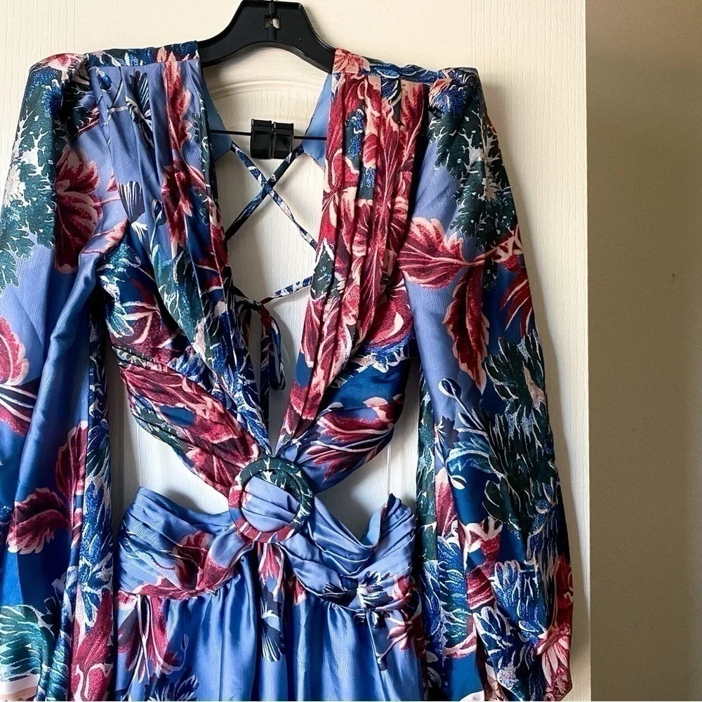 PatBO Gilly Print Cut-Out Maxi Dress Floral Satin Blue Pink Size 8 NWT - Picture 4 of 13